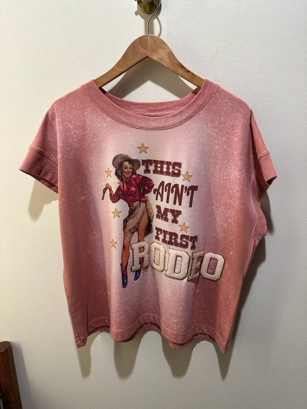 NEW FREE2B women's hand dyed not my first rodeo tee in pink